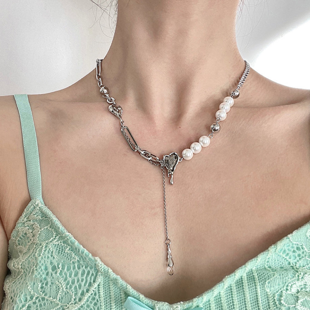 PuRui Y2K White/Pink Imitation Pearl Necklace Large Love Heart With Flower  Pattern Pendant Choker Women Necklace Jewelry Girls - AliExpress